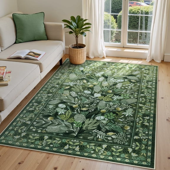 Moynesa Green Washable 5'x7' Area Rugs, Botanical Floral Large Rugs for Living Room Non-Slip Soft Modern Natural Rugs for Bedroom, Stain Resistant Accent Carpet for Dining Room Dorm Apartment