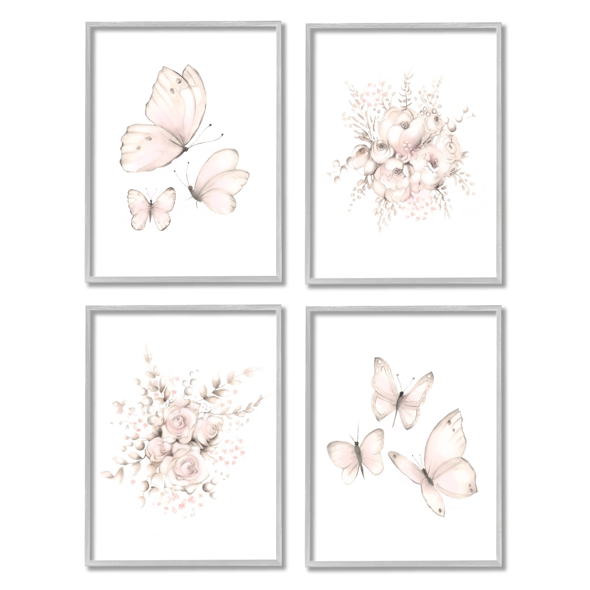 Stupell Industries Pastel Floral Blossoms Butterfly Insect Nature Painting Graphic Art Gray Framed Art Print Wall Art, Set of 4, Design by Studio Q