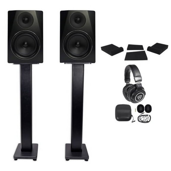 Pair Rockville APM6B 6.5" 350W Powered Studio Monitors  Stands Pads Headphones