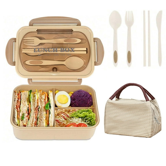 Leak-Proof 1200ML Beige Bento Box with Spoon and Fork, 3 Compartment Design