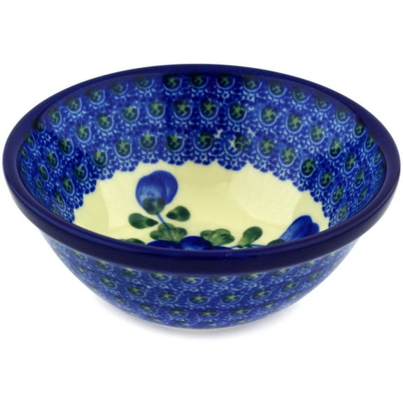 Polish Pottery Bowl 5-inch Polmedia Blue Poppies Theme Hand Painted in Boleslawiec, Poland   Certificate of Authenticity