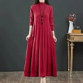thumbnail image 6 of comerut Women Fall Winter Dress Knitted A-line Loose Hem Solid Color High Collar Neck Protection Thick Warm Long Sleeve Pleated Mid-calf Length Midi Dress, 6 of 8