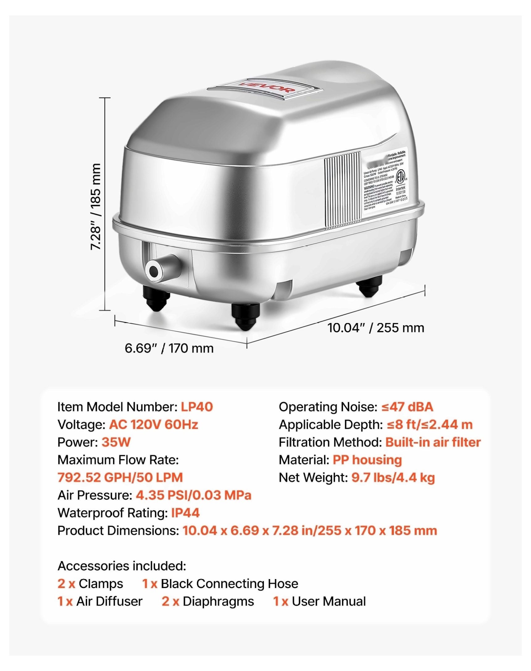 Septic Aerator Pump 792.52 GPH, Pond Aerator for 8ft Deep Ponds, Aquarium , Waste Treatment Aeration System, Fish Farm Oxygenator
