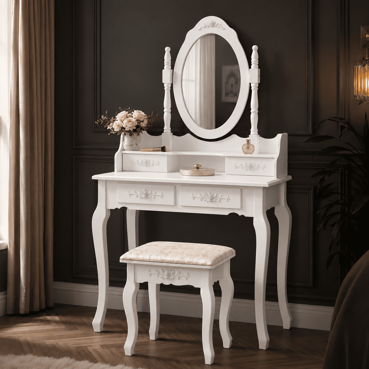 Ktaxon Elegance White Dressing Table Vanity Table and Stool Set