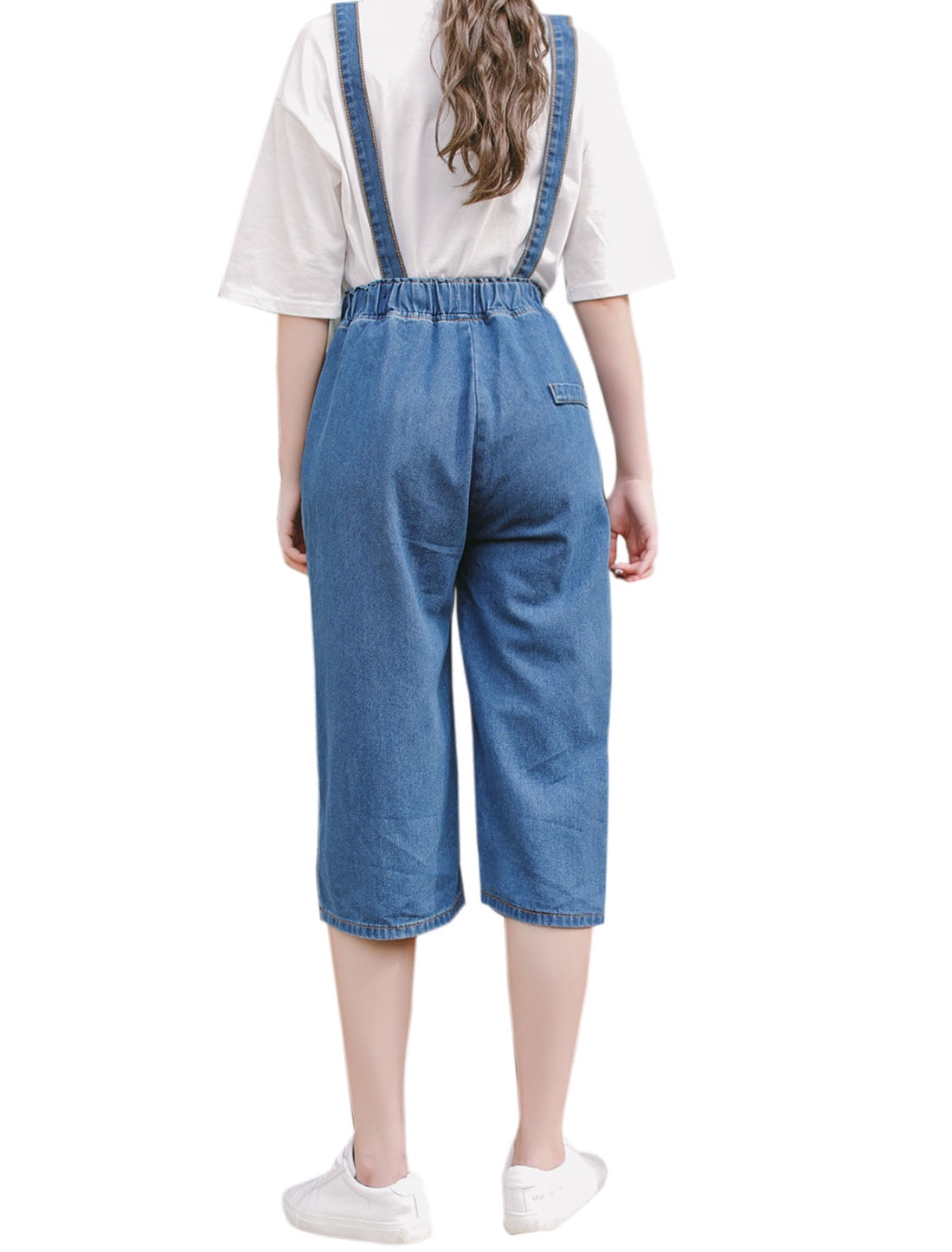 Women's Elastic Waist Pockets Wide Legs Capris Overalls Blue (Size S