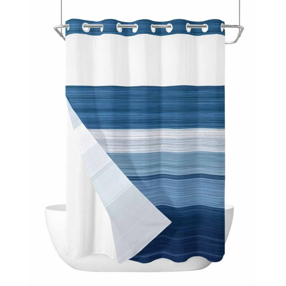 No Hook Shower Curtain with Snap-in Liner, Dark Blue Ombre Stripes Waterproof Fabric Bathroom Curtains, Chic Vintage Simple Abstract Art Bath Curtains & Mesh Top Window 72"x96" Extra Long