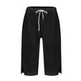 thumbnail image 6 of Dwellite Women Cotton Linen Capris Knee Length Summer Casual Elastic Waisted Button Pants with Pockets Black M, 6 of 8