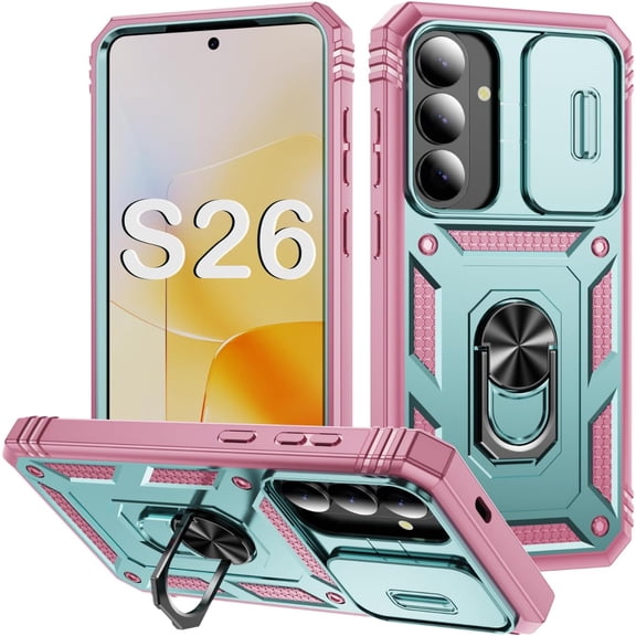 for Samsung S26 Case,With Slide Camera Cover,Metal Kickstand Holder Heavy Duty Shockproof Phone Cover For Galaxy S26 6.3"(Pink/Green)