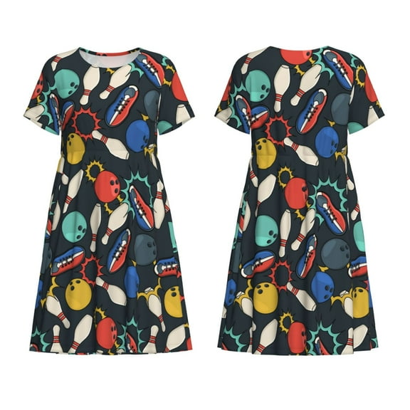 Horeoi Bowling Ball Print Women's Short Sleeve Dress Breathable Polyester-Spandex All-Over Print A-Line Side Pockets Elastic Waist