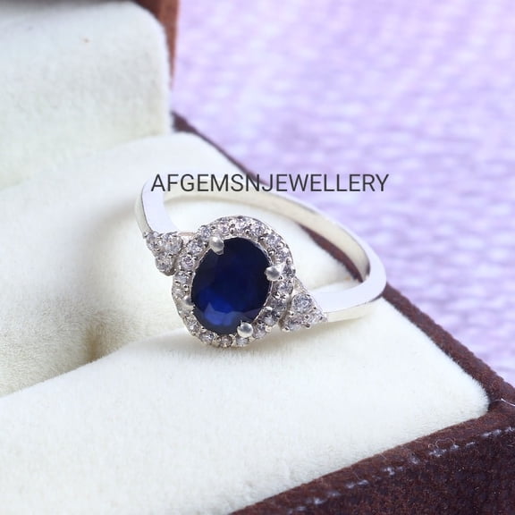 AFGEMSNJEWELLERY 925 Sterling Silver Blue Sapphire Ring, Oval September Birthstone Ring, Boho & Hippie Style, Valentine Gift Silver 3