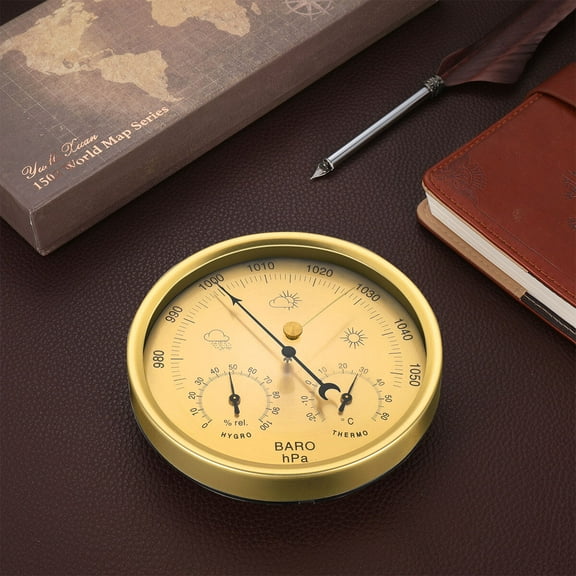 Masteelf Precision Aneroid 3 in 1 Barometer Weather Station Barometer Thermometer Hygrometer for Indoor and Outdoor Use with Stainless Steel Frame (Yellow)