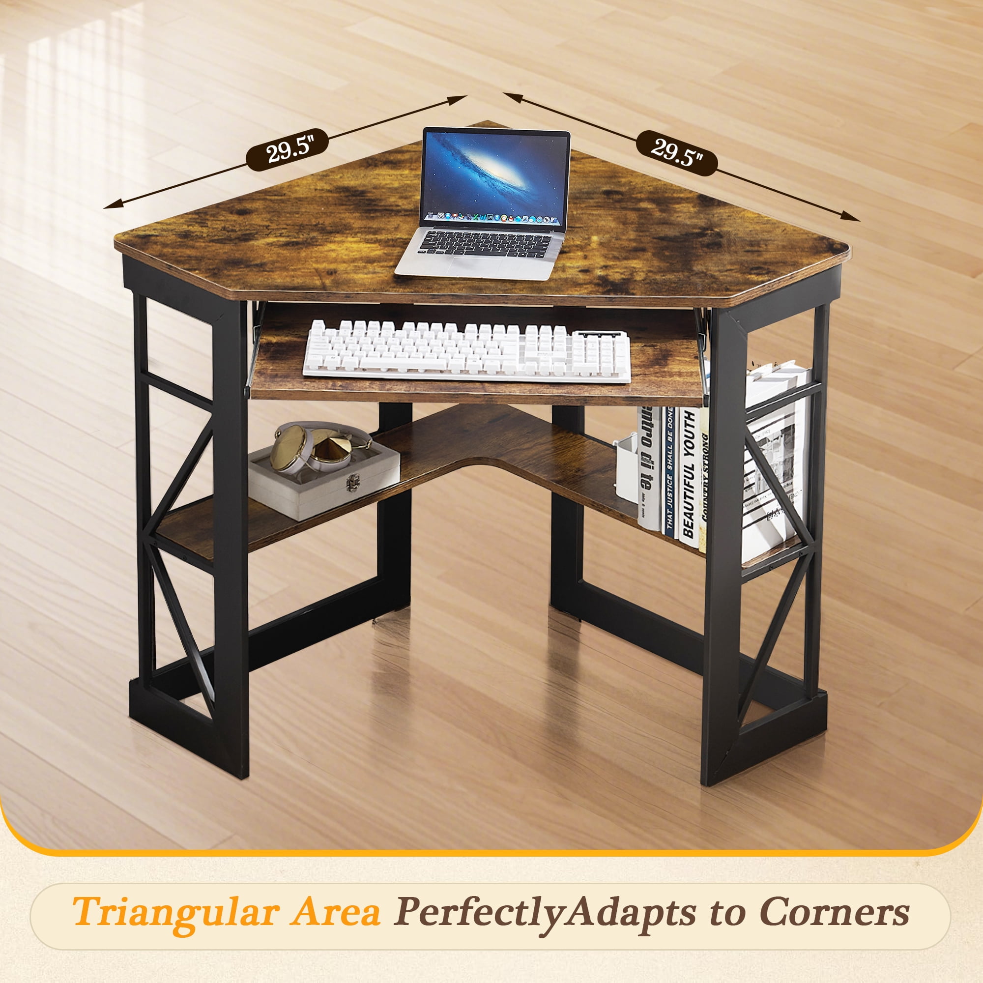 VECELO Corner Computer Desk with Keyboard Tray and Storage Shelf, Student Study Writting Table Workstation for College Dorm Apartment Home Office, Antique Brown (90 Degrees)