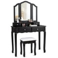 thumbnail image 1 of Gymax Bathroom Tri Folding Mirror Vanity Makeup Table Stool Set Black, 1 of 10