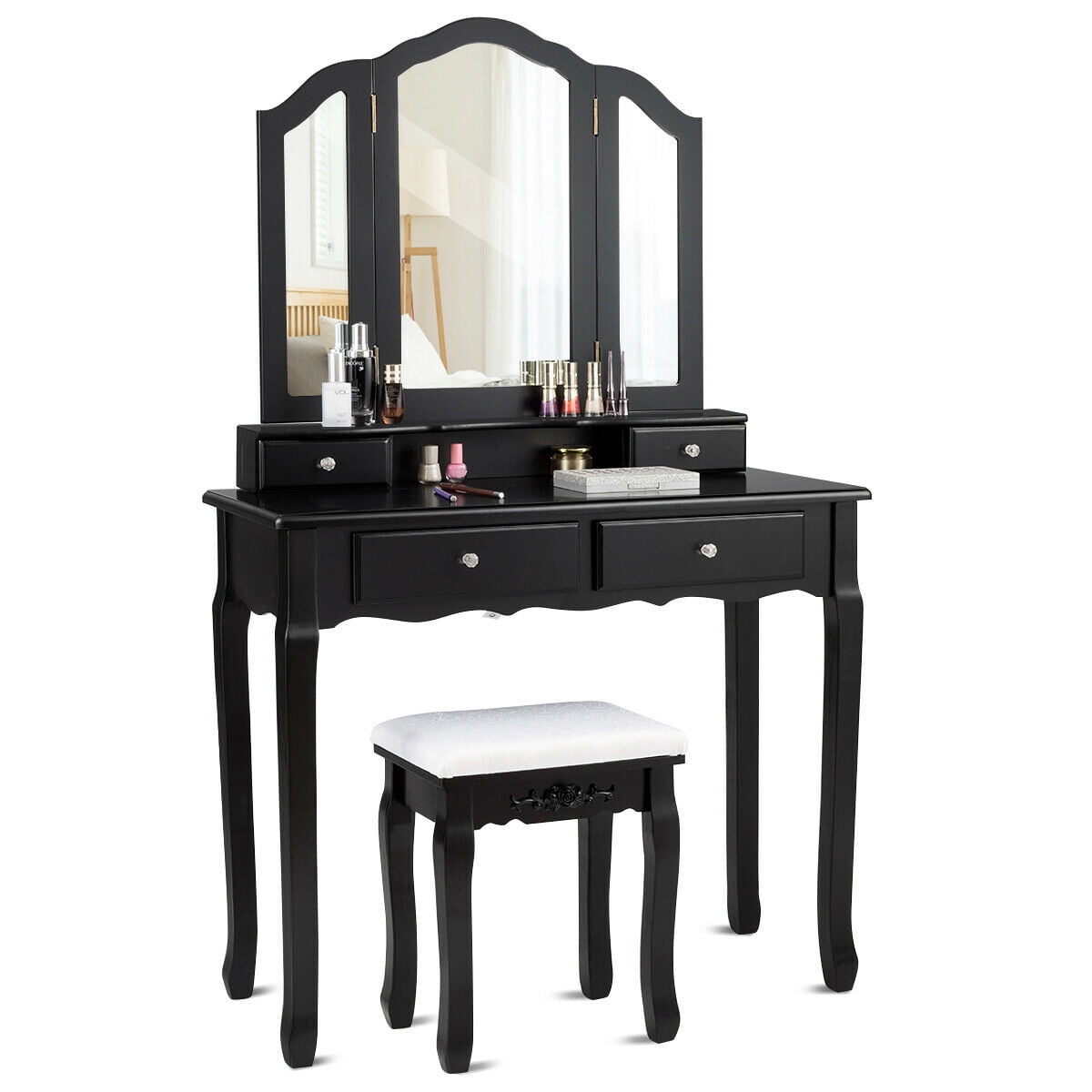Gymax Bathroom Tri Folding Mirror Vanity Makeup Table Stool Set Black Walmart Canada