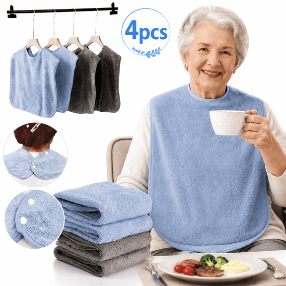 4 Piece Set of Male and Female Adult Bibs, Elderly Adult Bibs, and Special Needs Adult Towel Bibs, Adjustable and Easy to Clean