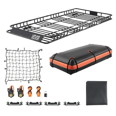 VEVOR Roof Rack Basket, 84 x 39 x 4.1 in, Universal Rooftop Cargo Carrier with 7.9 x 3.9 x 10.2 in Cargo Bag, Net, Ratchet Straps, 250 lbs Max Load Capacity Car Top Luggage Holder, for SUV Truck Car