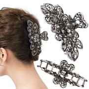 Fancy Hair Claw Jaw Clips Pins For Womens, Vintage Rhinestone Crystal Flowers Hair Barrette for Thick Hair Accessories White Silver