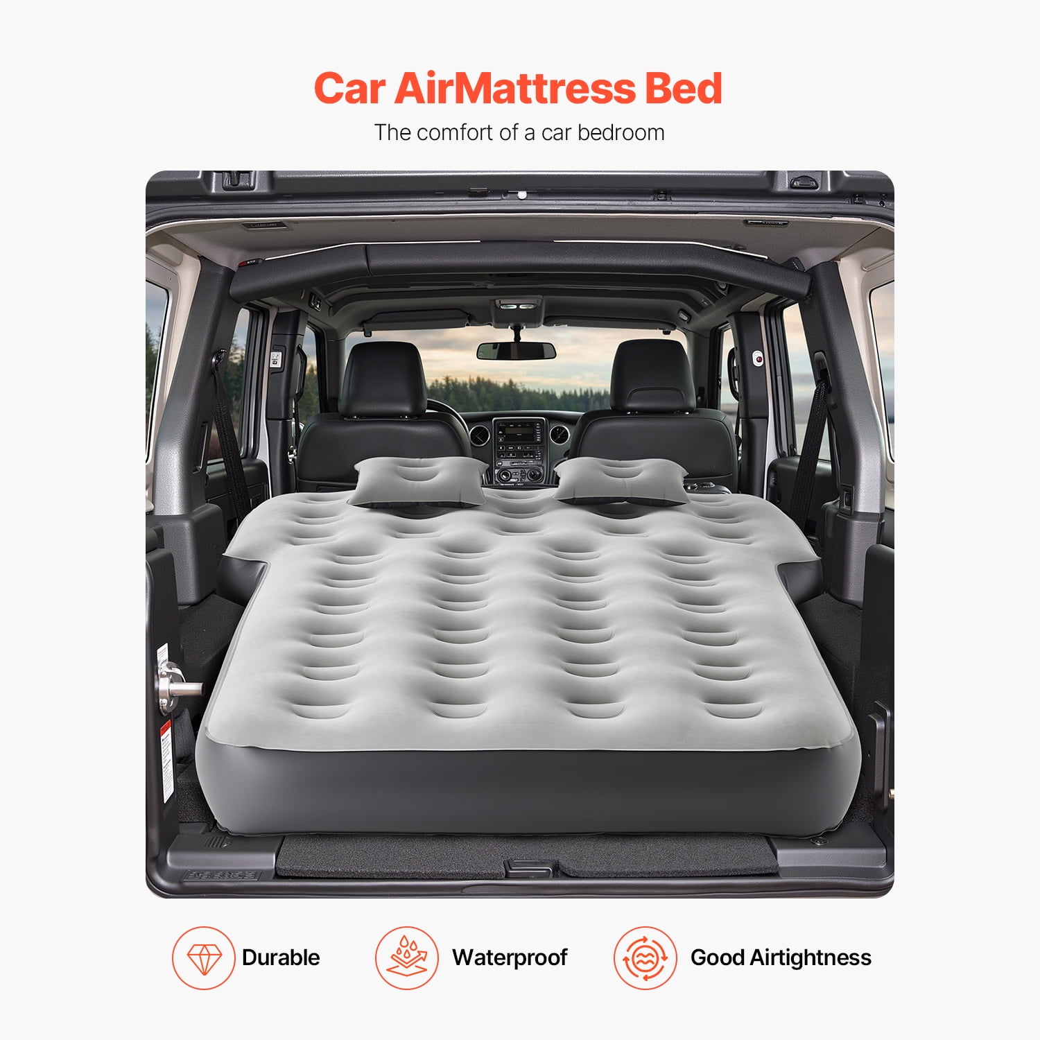 KFFKFF Inflatable Car Air Mattress, Compatible with Toyota 4runner and Jeep Wrangler, Thickened Flocking Travel Bed for Camping, Durable Portable Sleeping Pad with Built-in Pump and 2 Pillows, Gray