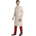 thumbnail image 3 of SKAVIJ Men's Art Silk Printed Kurta Pajama Set Festive Wear Suit Beige L, 3 of 6