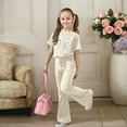 thumbnail image 4 of Glisme Girls Outfit Casual Bow Short Sleeve Top And Flare Pants Comfy Two Piece Set Playwear Breathable Matching Set Size 9-10 Years Beige, 4 of 5