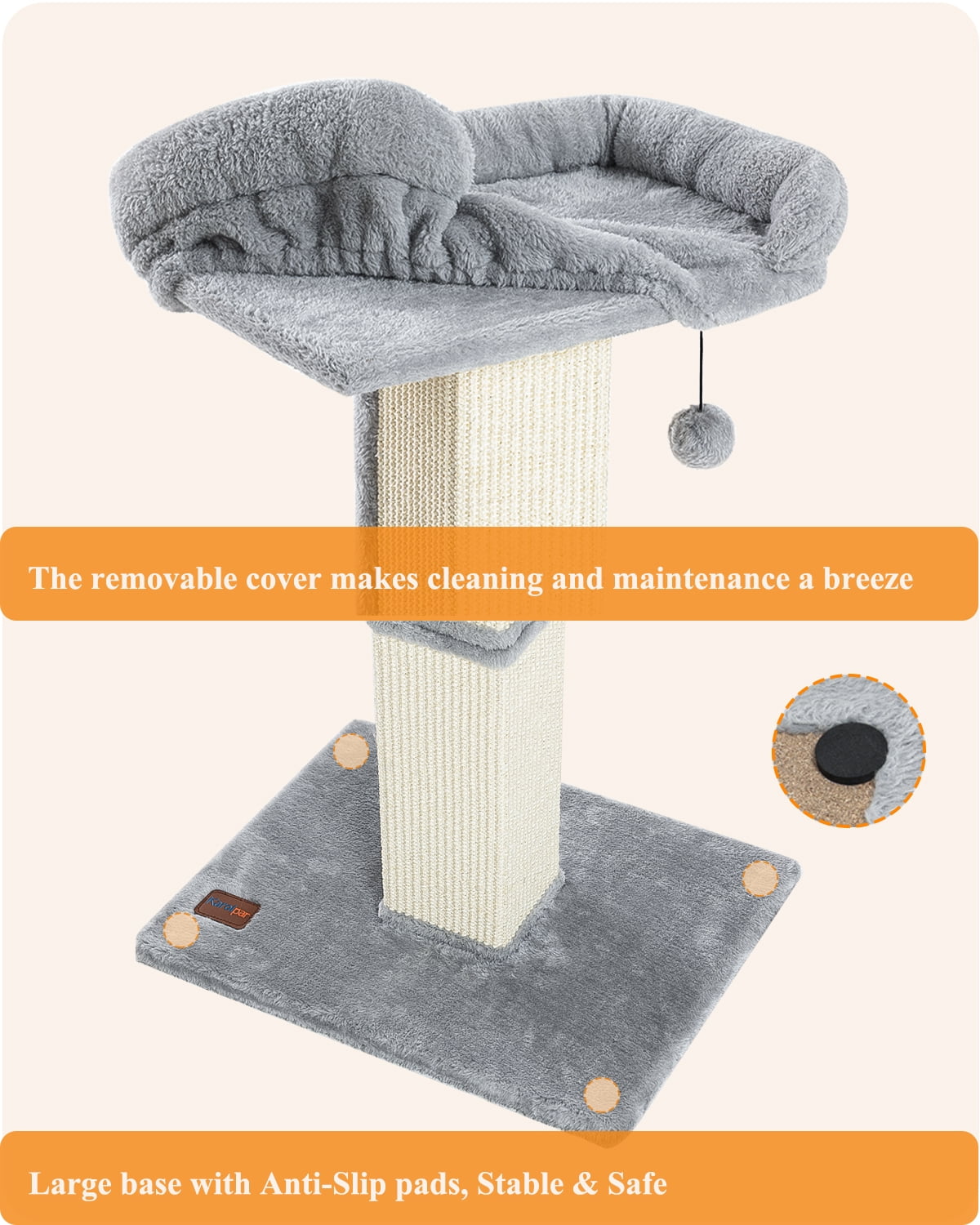 Kilodor 32" Cat Scratching Post for Indoor Cats, Sisal Cat Scratcher with Plush Perch, Large Scratch Post with Bed, Removable Cover, Sisal Fabric,Gray