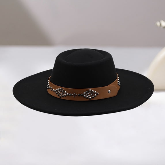 Wide Brim Cowboy Hat With Decorative Oval Detailing For Everyday Outdoor Wear In All Seasons End, Black