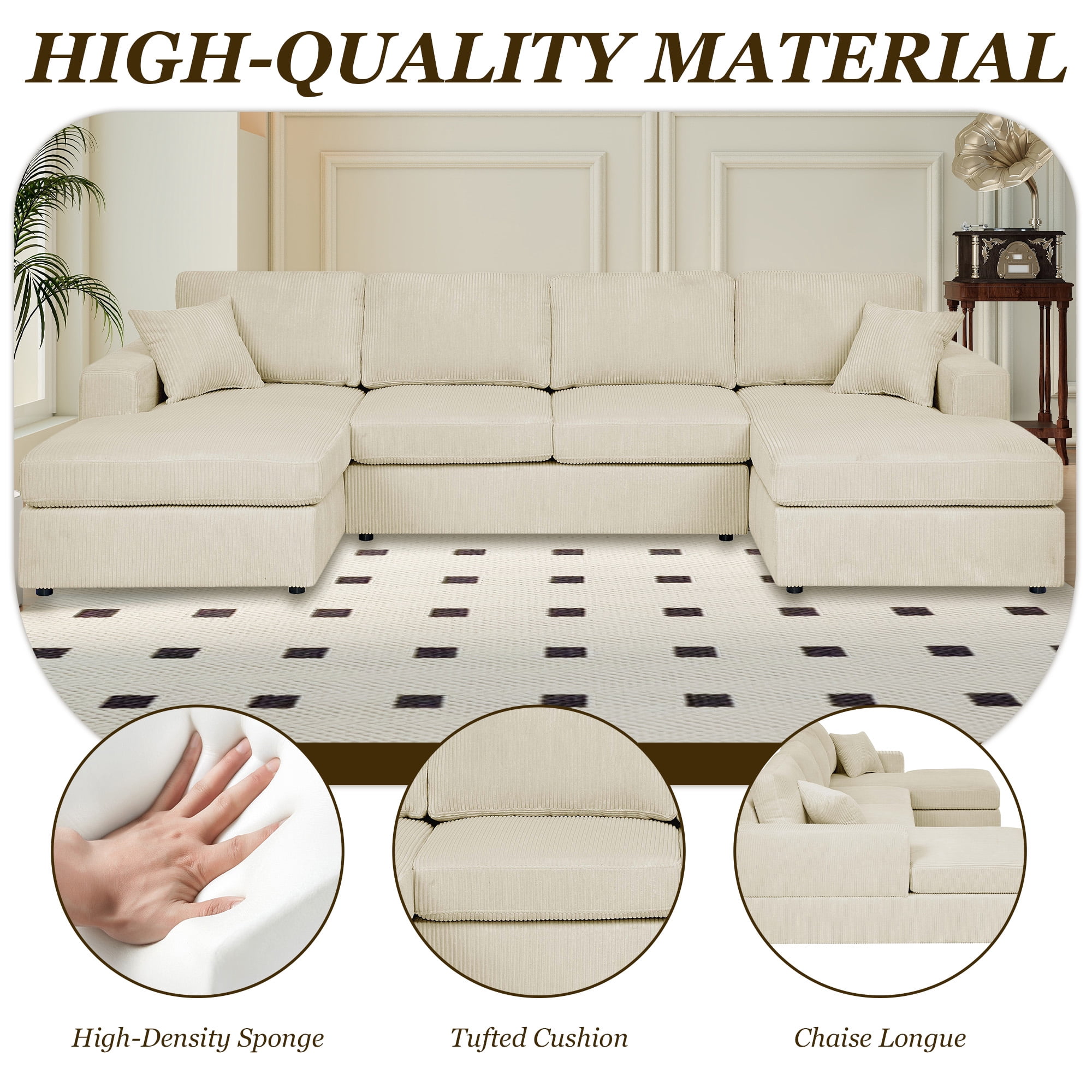 MOONMISS Sectional Sofas with Double Chaise, U-Shaped Cloud Comfy Couches for Living Room, 4 Seats, Beige