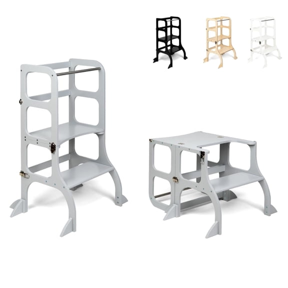 Ette Tete STEP'n'SIT Montessori Helper Tower - Table Convertible step stool 2-in-1 with support legs (with silver clasps, gray)