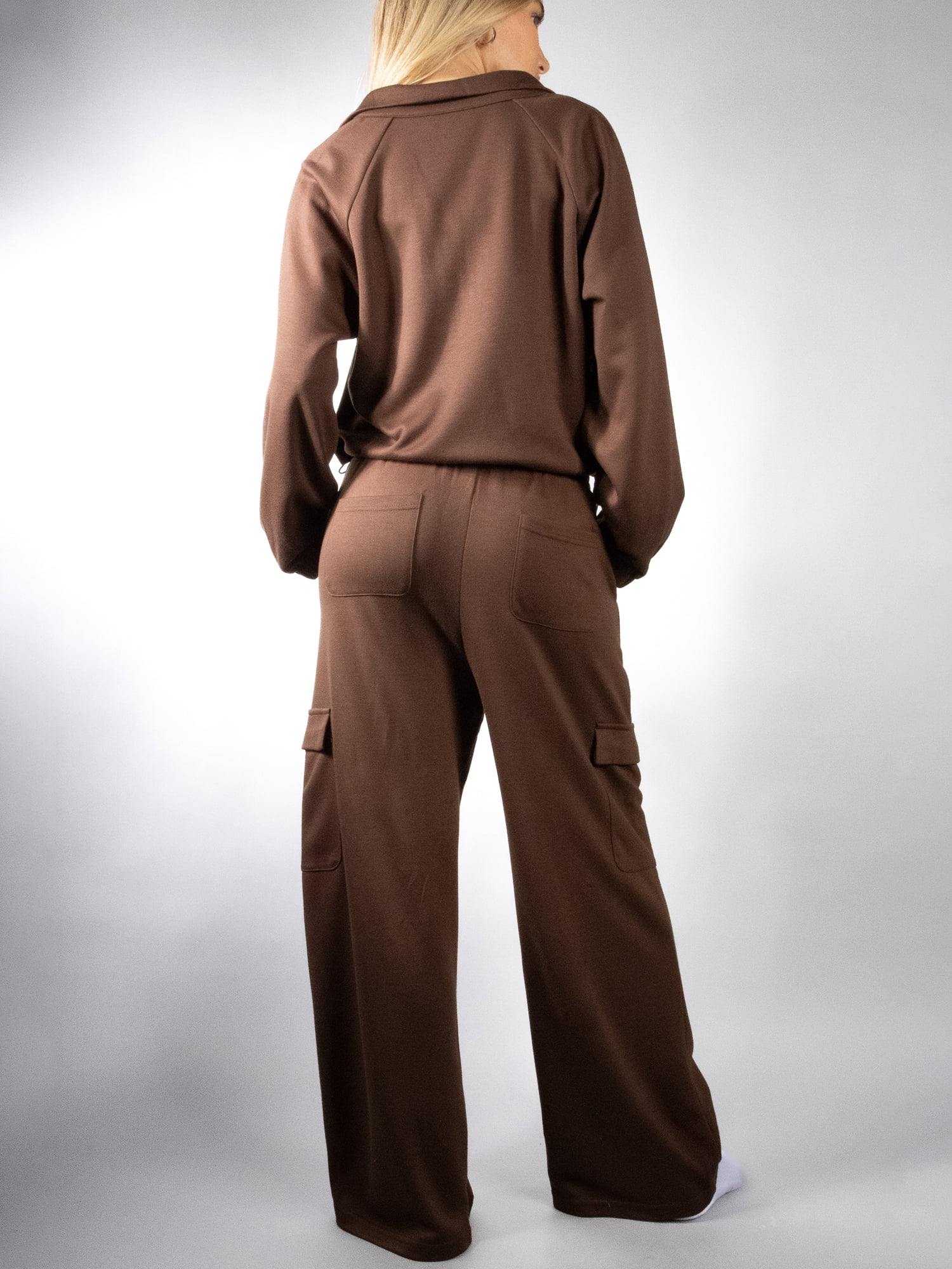 DARING DIVA 2Pcs Women's Stylish Half Zip Pullover Pants Set XS Brown