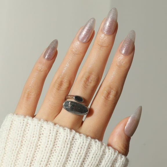 Ellie Vincy Press On Glue On Nails - Glazed Rosé Cat Eye | Medium Almond Shape, 30 Piece Set with Glue and Sticky Tabs, 15 Sizes