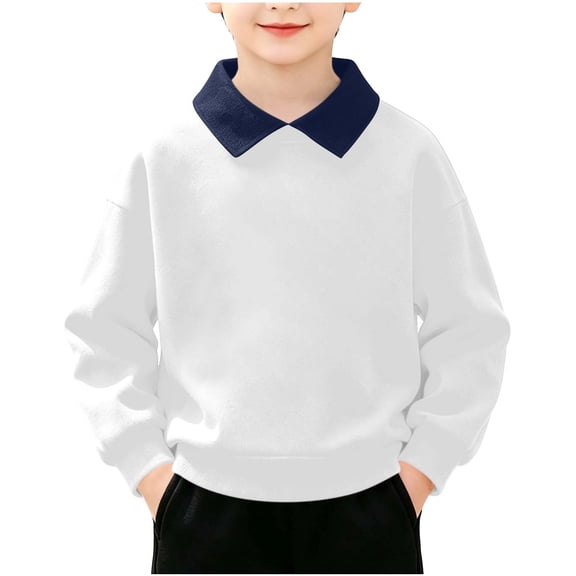 Falkdiz Long Sleeve Shirts for Boys Polo Comfy Pullover Casual Outdoor Solid Color Collar Boys Tshirts,White,Size: 2-3