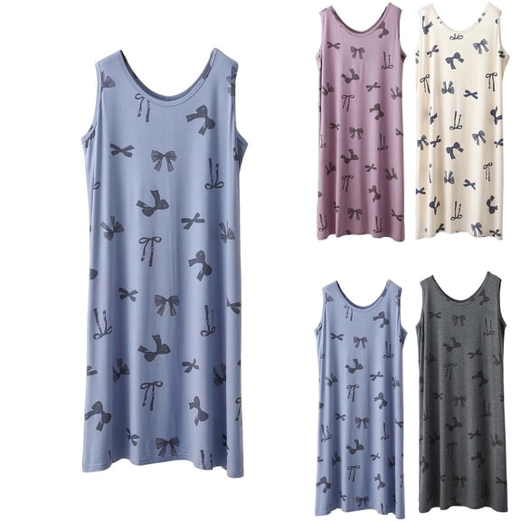 Asxite Womens Pajamas Solid Sleeveless Crew Neck Rayon Bow Print Nightgown Casual