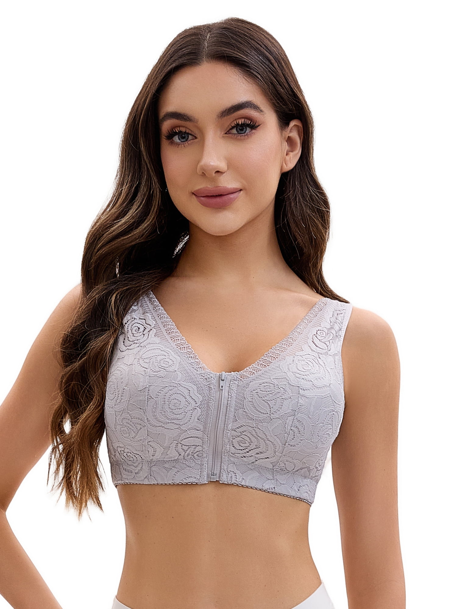 Unique Bargains Women's Lace Zip Front Closure Wirefree Wide Straps Bras D 42 Grey
