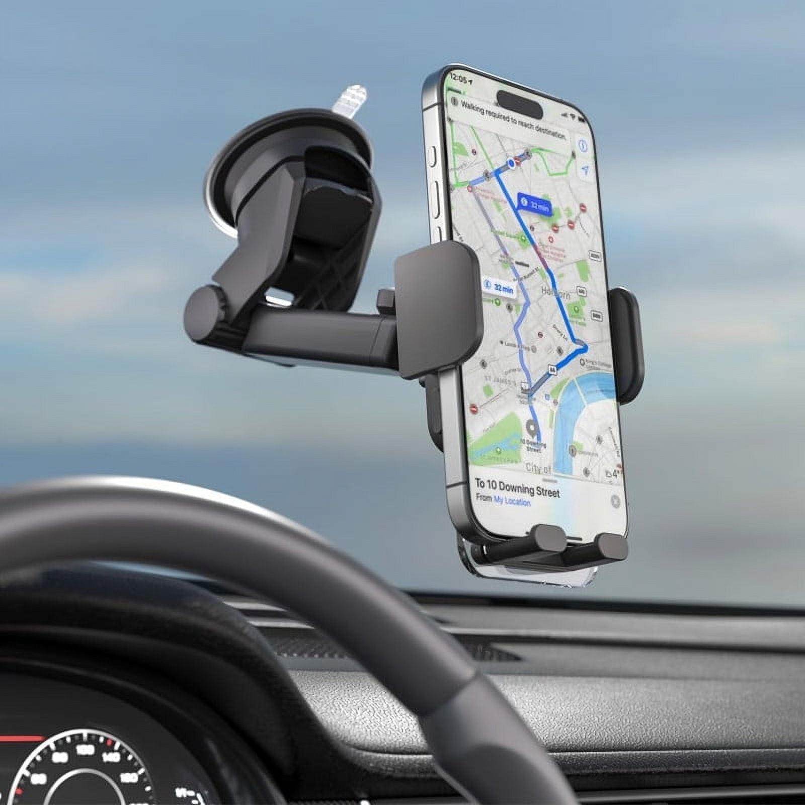 LAX Gadgets Clear Cradle Phone Mount for Car - Transparent Cradle-Type Cell Phone Car Mount with Extendable Arm - Car Mount with Powerful Suction Cup for Windshield and Dashboard