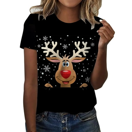

Womens Daily Christmas Deer Print O Neck Tank Tops Short Sleeve Workout Shirts Casual Loose Tees Scrub T Shirts for Women