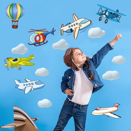 15Pcs Aircraft Clouds Planes Hot Air Balloon Wall Stickers Removable Vinyl Peel and Stick Wall Decals for Nursery Living Room Bedroom Palyroom Wall Decoration Home Indoor Wall Art Decor