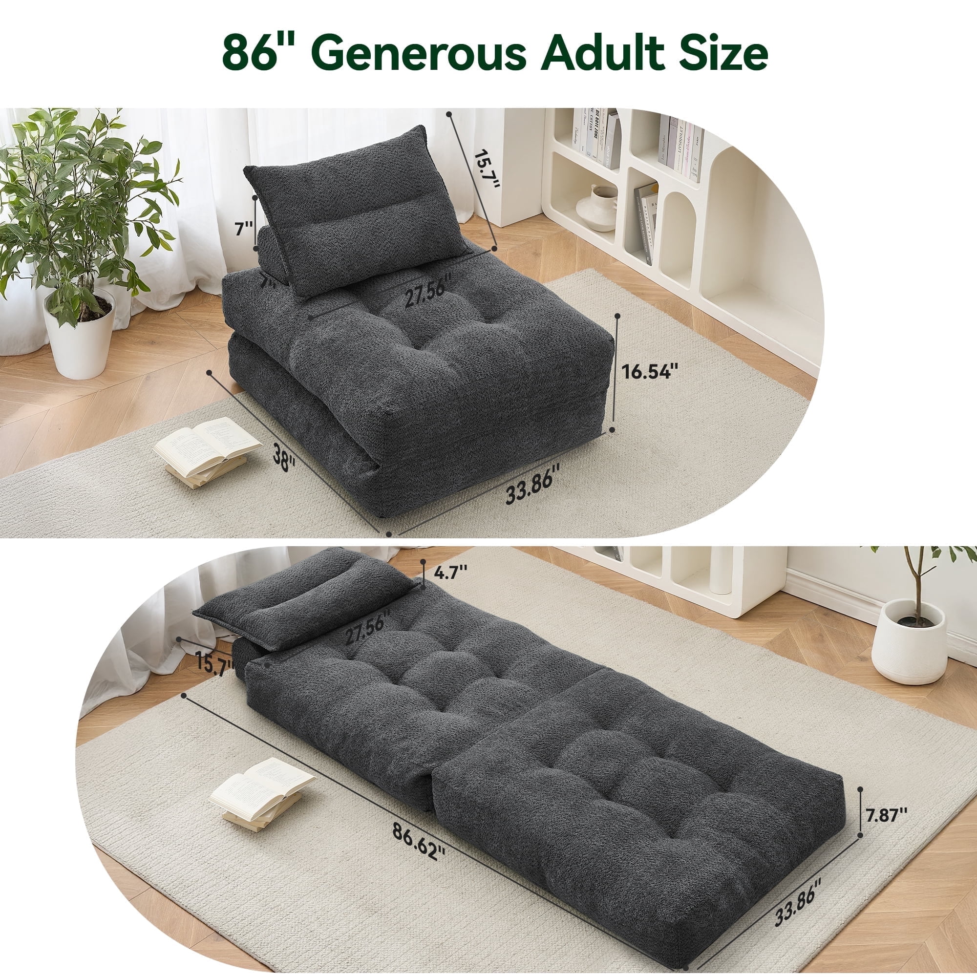 BEHOST 86" 4 Pack Large Futon Sofa Bed for Adults, 3-in-1 Convertible Folding  Chair Bed Sleeper Chair,  Dark Gray