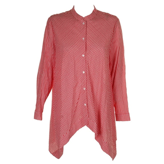 Anne Klein Womens Tomato Red Long-Sleeve Cotton Asymmetrical Gingham Shirt 2