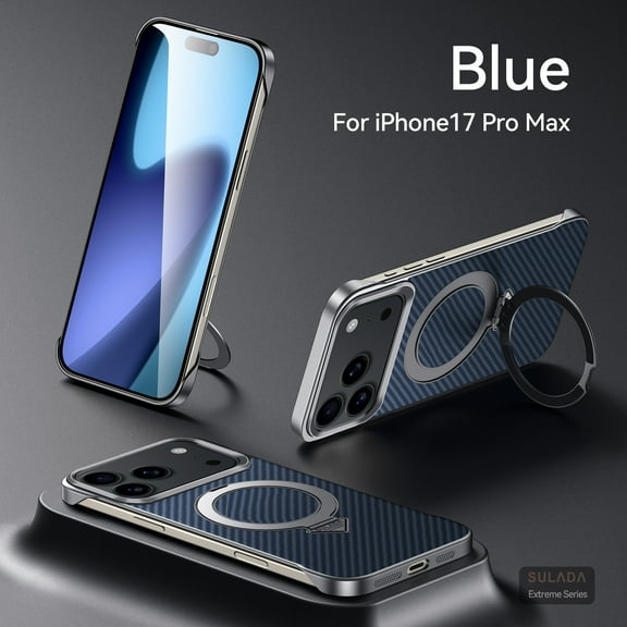ELEHOLD Frameless Magnetic Case for iPhone 17 Pro Max 2025, Leather Folio Magnetic Ring Kickstand Carbon Fiber Texture Shockproof Slim Protective Case Cover,Blue