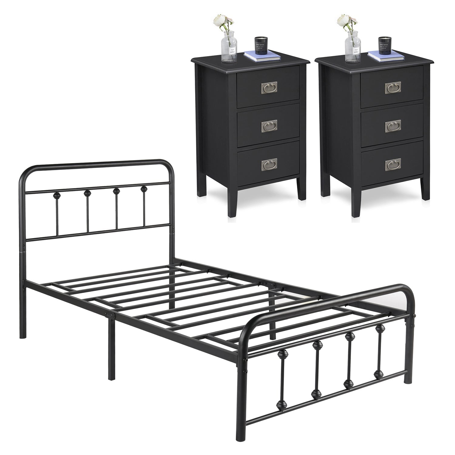 VECELO 3Piece Bedroom Set with Metal Bed Frame and 2 Nightstand