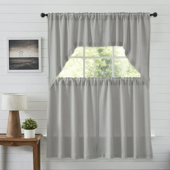 VHC Brands Burlap Dove Grey 4 PC Curtain Set (2 Swag 36x16 and 2 Tier 36x36)