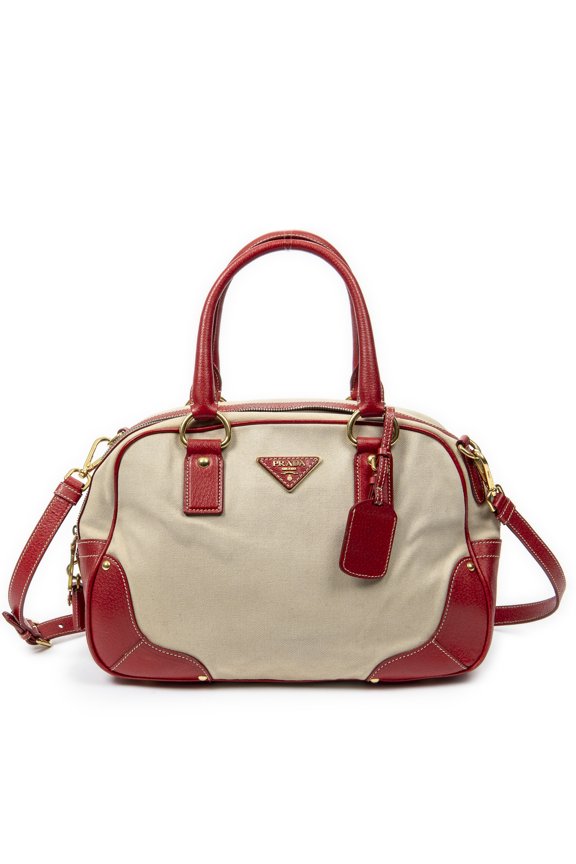 Pre-Owned Prada Beige/Red Canapa Bowler Shoulder Bag Canapa Canvas