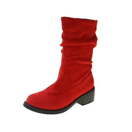 

KBKYBUYZ Women s Mid Calf Chunky Heel Boots Casual Round-Toe Comfy Winter Fall Flock Boots