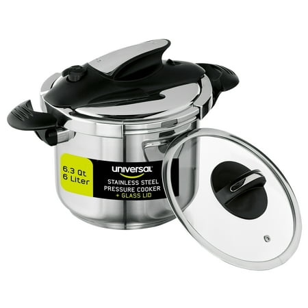 Universal 6.3 Quart / 6 Liter Stainless Steel Easy Use Pressure Cooker + Extra Glass Lid Induction Compatible 7 servings