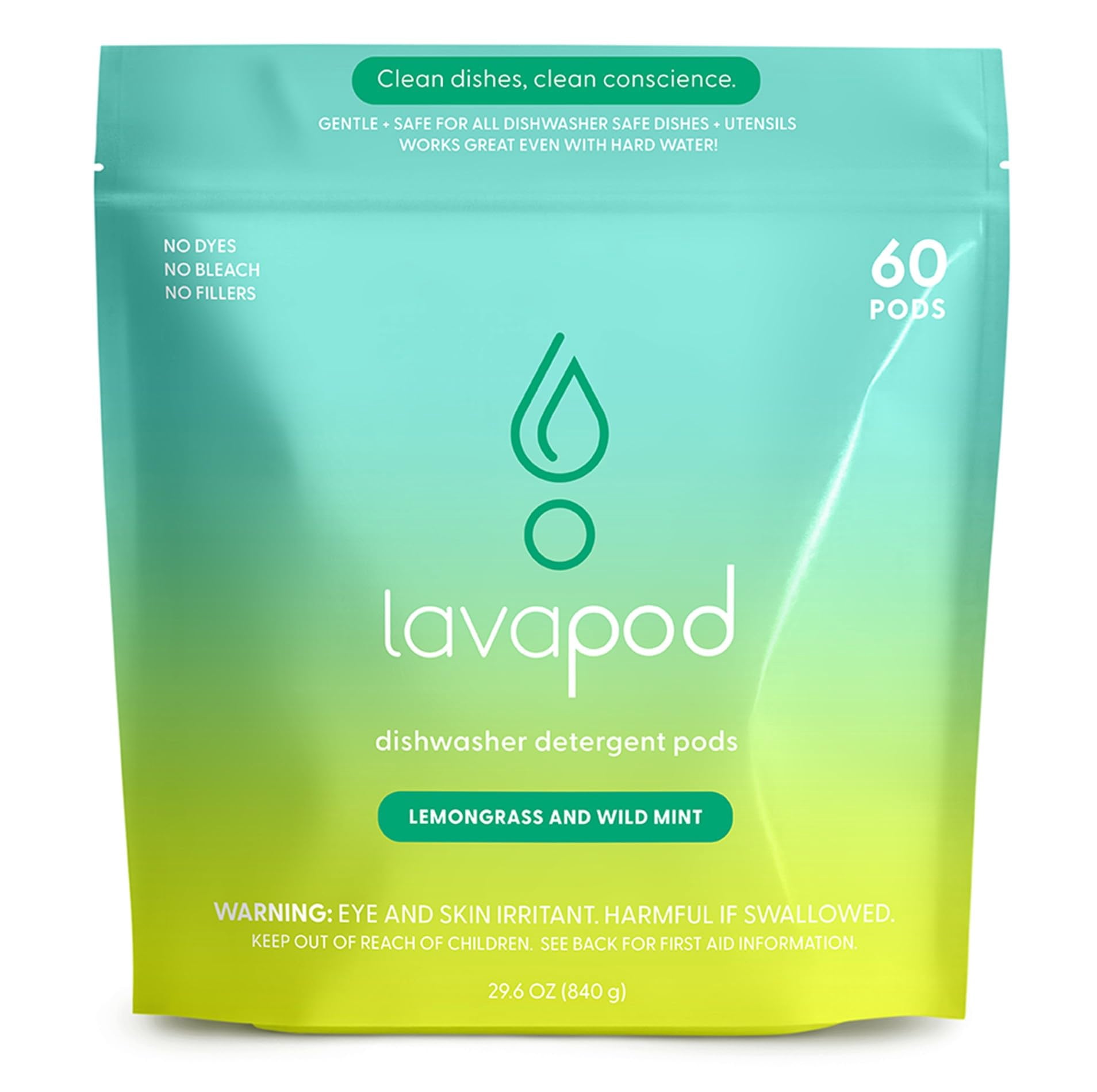 Natural Dishwasher Pods | Plant-Based Enzyme Dishwasher Detergent, Lemongrass & Wild Mint, Eco-Friendly, Tough on Grease & Food Residue, 60 Count