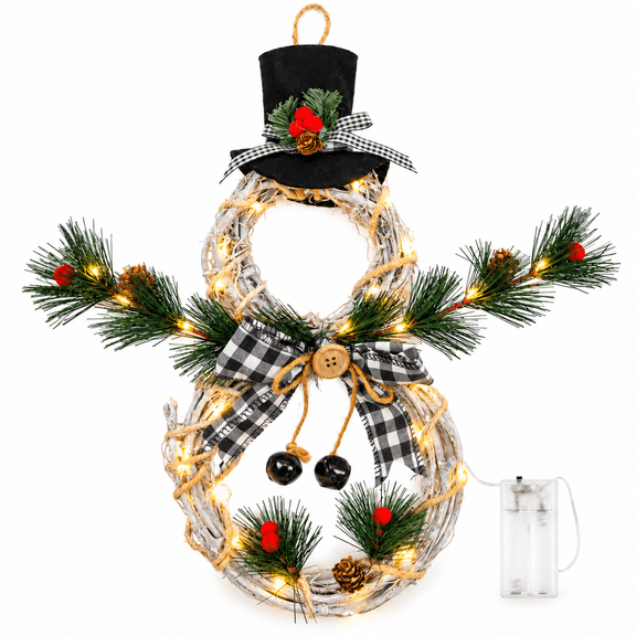 Lighted Snowman Christmas Wreath,16" x 8.5" Grapevine Holiday Wreath with Hat and Bow for Front Door,Wall and Home Decor