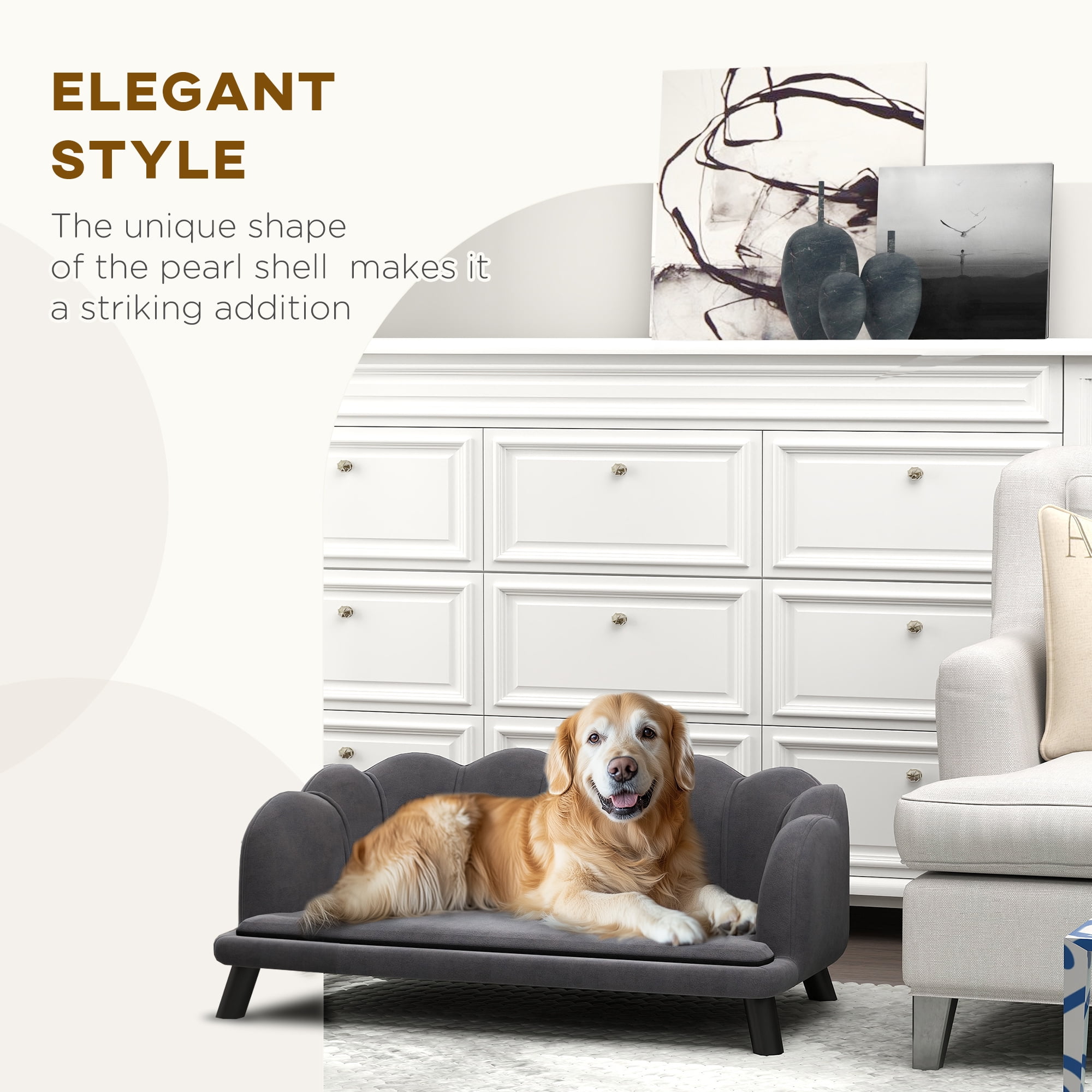 Noaman PawHut Velvet Large Dog Couch with Foam Cushioning, 38.8" L x 23.8" W Soft Pearl Design Dog Bed for Big & Medium Dogs, Charcoal Gray