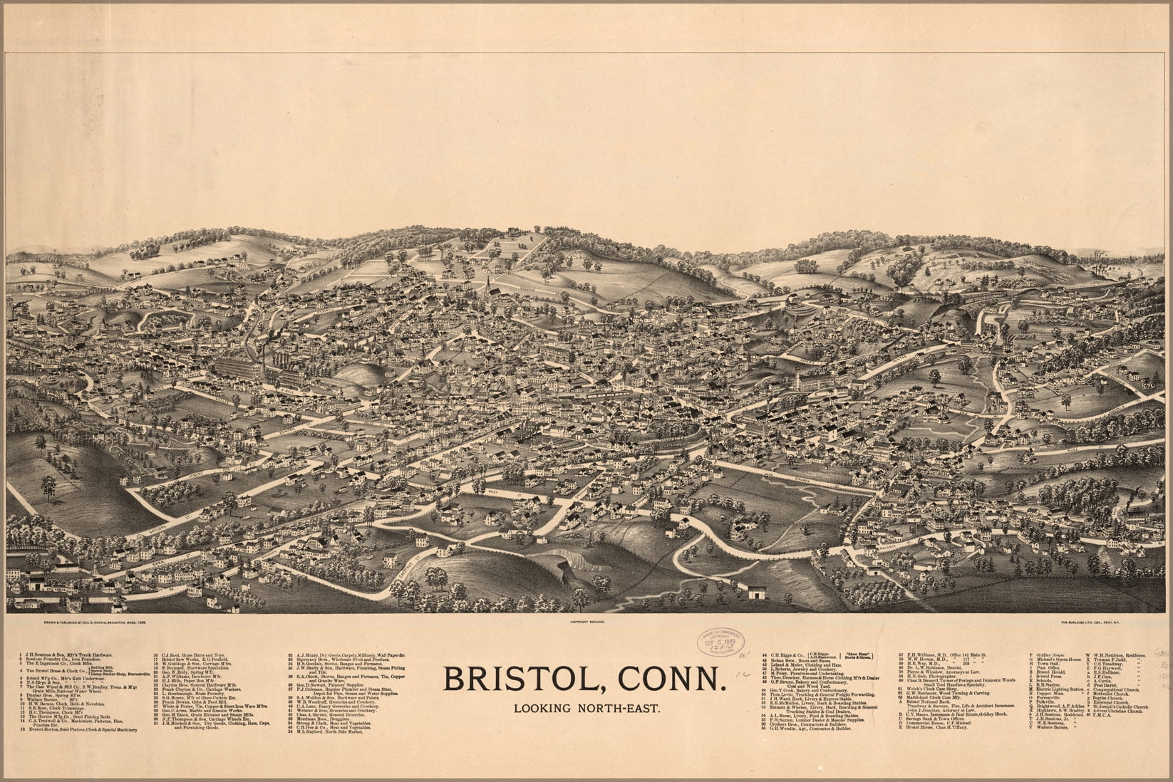 24"x36" Gallery Poster, map of Bristol, Connecticut 1889