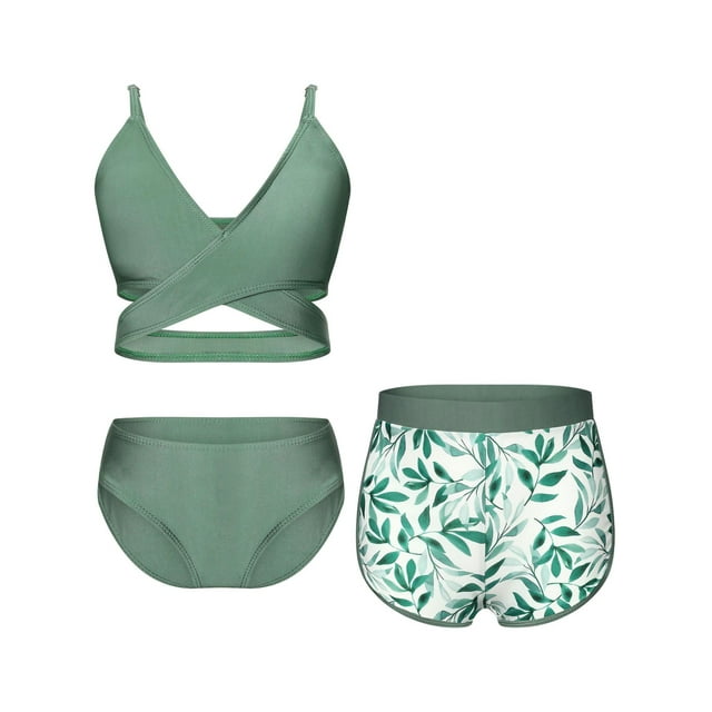 Miutii Maillot de Bain Fille 3 Pcs Maillot Dermoprotecteur Imprimé Tropical Bikini et Short de Couverture Vert Feuilles 120