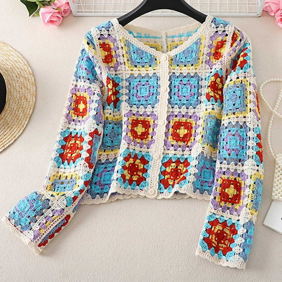 WXLWZYWL Women's Crochet Knit Cardigan Long Sleeve Floral Embroidery Hollow Out Knitwear Spring Fall Y2K Boho Sweater